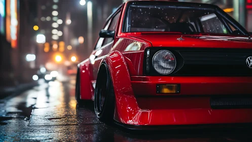 Low-slung red tuner car under neon city rain at night.