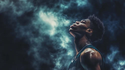 Sweat-drenched dreamer exhales light into stormy stadium air