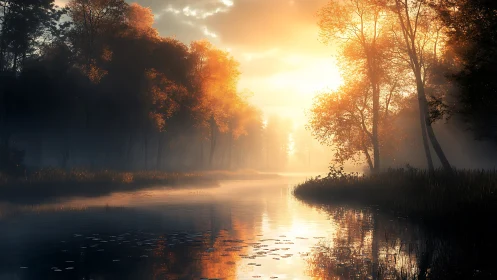 Golden sunrise gently warms a tranquil forest river bend