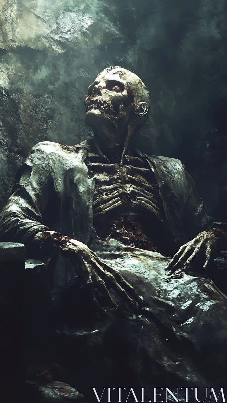 Decaying corpse enthroned in dim cavernous chamber.