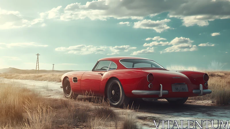 Red classic coupe parked on dusty rural track at sunset