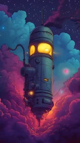 Vertical rocket tower drifting through colorful nebula clouds.