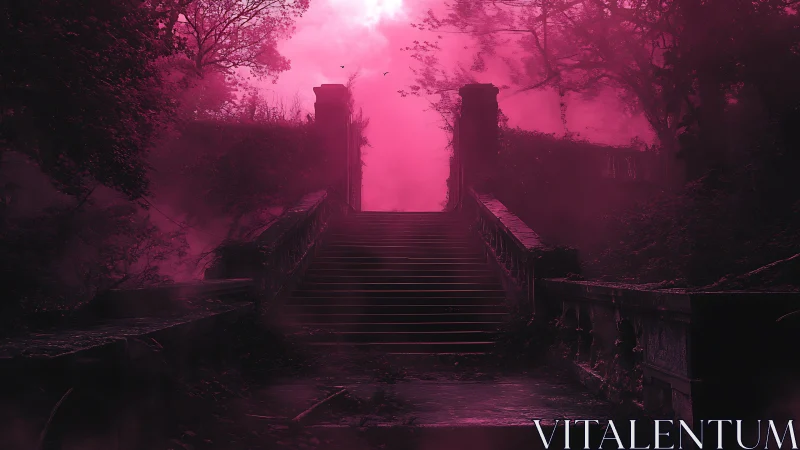Stone stairway in dense pink forest fog at dusk.