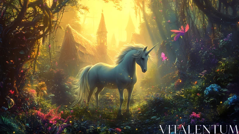 Luminous unicorn in volumetric forest clearing with cottages.