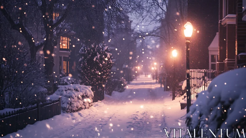 Snowy residential street glows under warm evening lamplight