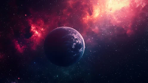 Digital cosmic vista with illuminated planet and nebula field.