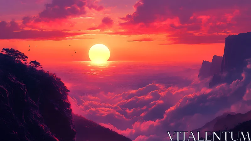 Digital painting sunset over cloud sea between cliffs.