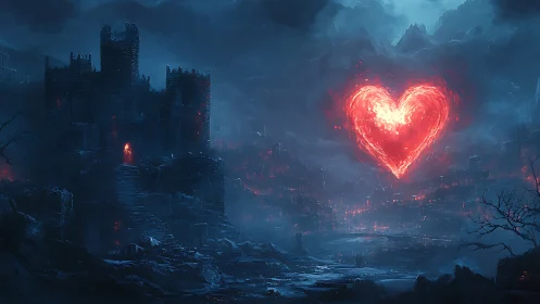 Glowing Heart Illuminates Desolate Medieval Fortress Landscape