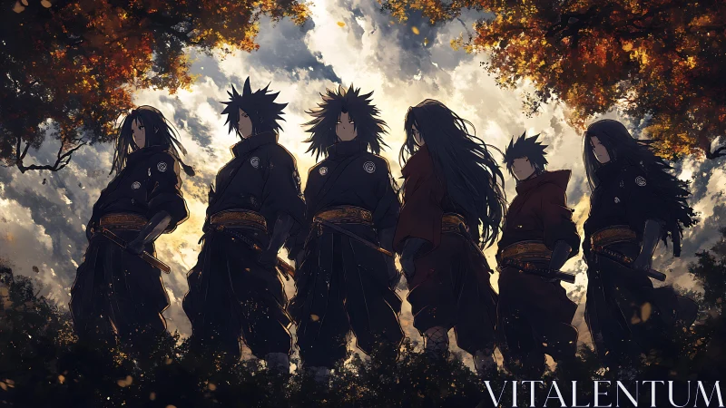 Shadowed clan heirs drink dusk-light beneath burning leaves