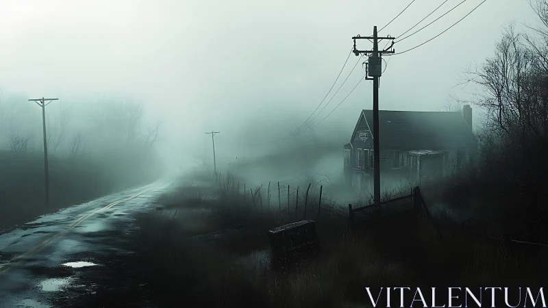 Fog-shrouded rural road curves past an eerie abandoned house.
