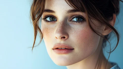 Close portrait of young woman with freckles against blue wall.