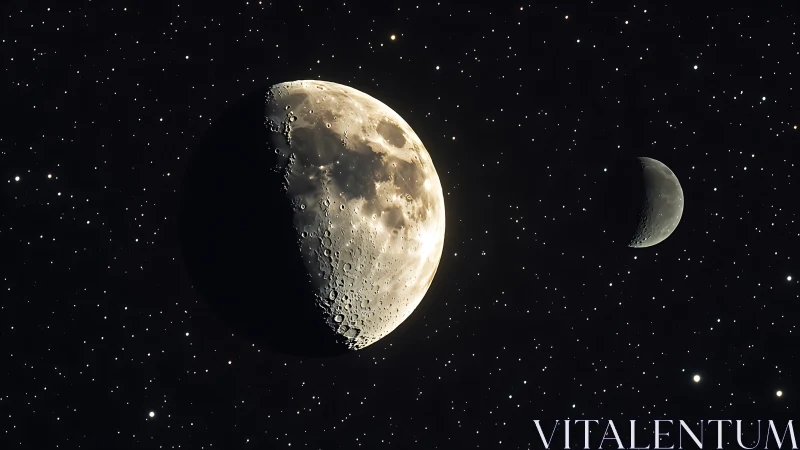 Twin crescent moons suspended in deep starfield night.