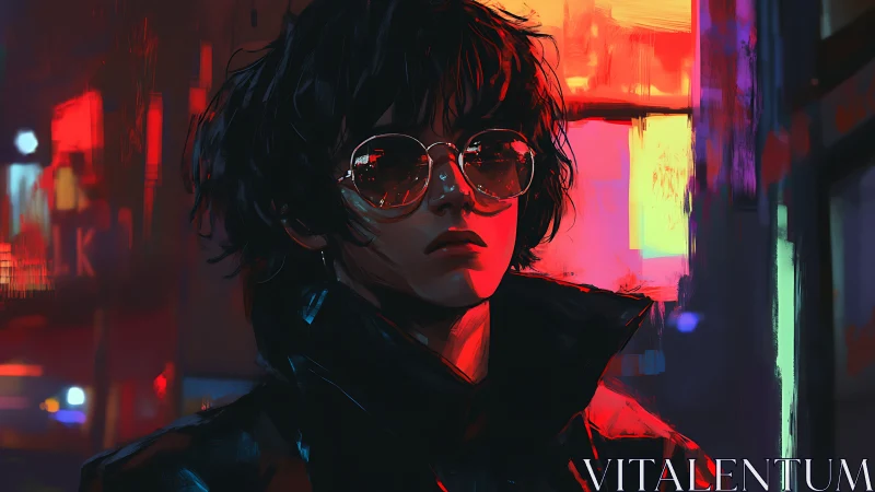 Portrait of person in glasses under neon city lights.