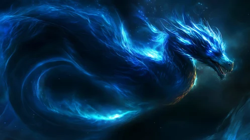 Luminescent astral dragon coils through deep cosmic void