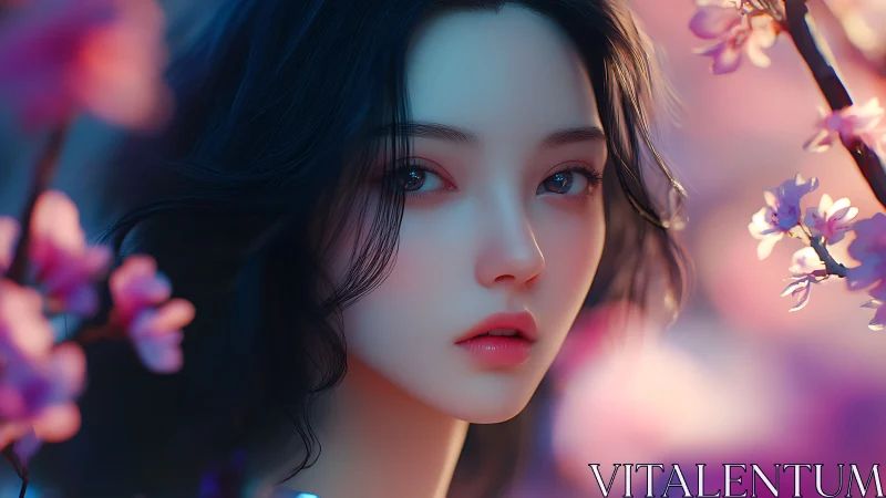 Ethereal girl gazes through soft-focus cherry blossoms dreamily.