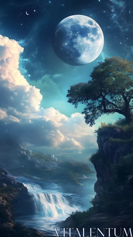 Moonlit waterfall cascades through a serene dreamscape night