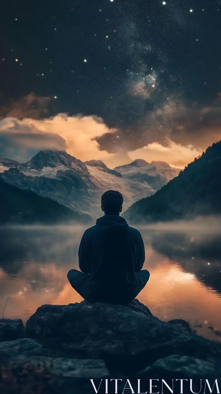 Man meditates by a misty lake under a glowing starry sky