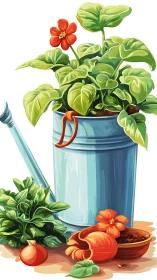 Metal watering can supports potted plant and garden items