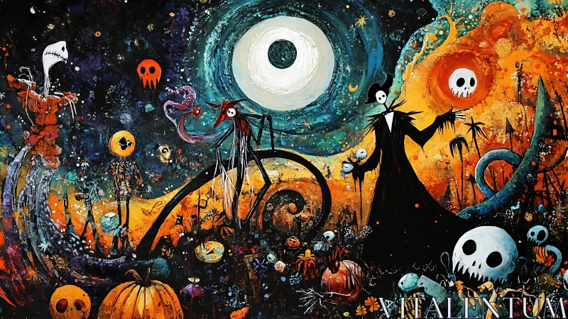 Nocturnal Halloween vortex with skeletal figures and cosmic moons.