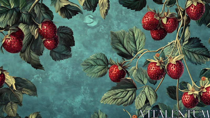 Strawberry vines intertwine over teal painterly backdrop.