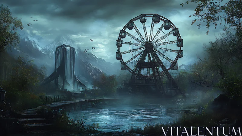 Ferris wheel and waterfall structure stand over misty lake