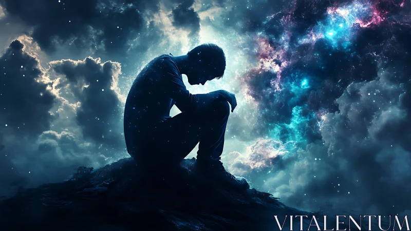 Stargazer curls inward while galaxies whisper around him