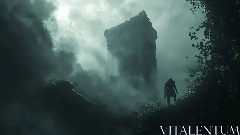 Shrouded tower rises above mist as lone wanderer approaches