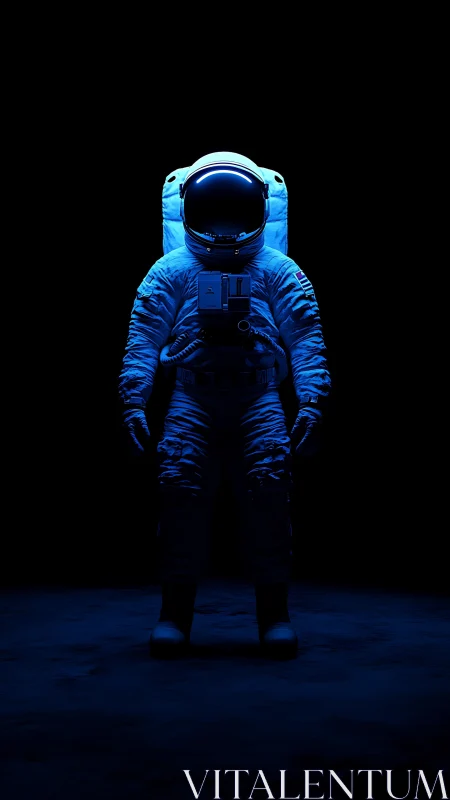 Lone neon astronaut standing in a hush-black cosmic void.