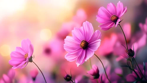 Radiant Pink Cosmos Flowers Dancing in Dreamy Sunlight