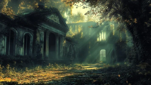 Sunbeams choreograph secrets across a forsaken ivy palace