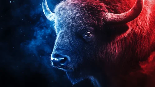 Bison portrait split by red and blue dramatic lighting.