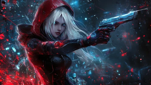Neon huntress in crimson hood aims across electric night.