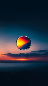 Sunset sphere floats above tranquil horizon in vivid colors.