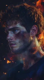 Battle-scarred young man in cinematic firelit profile portrait.