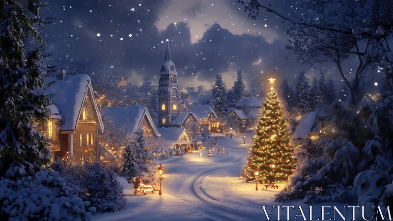 Snow-covered village street with illuminated Christmas tree.