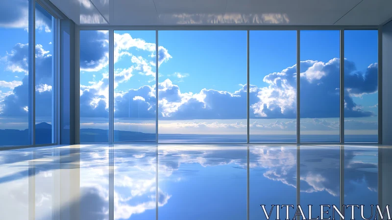 Minimalist glass interior overlooks bright ocean horizon