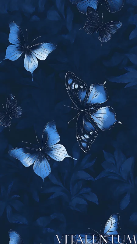 Midnight blue butterflies on dark botanical background.