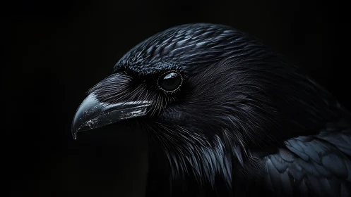 High-contrast raven portrait isolates iridescent plumage details