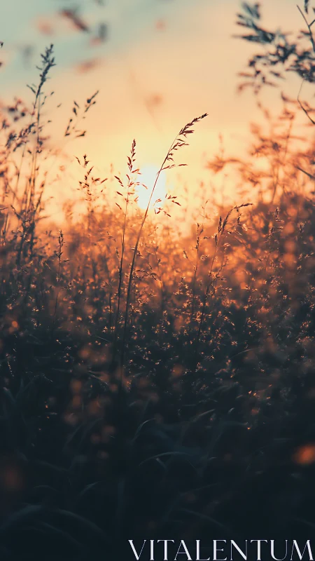 Sunlit meadow grasses in softly blurred dusk glow.