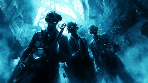 Gritty gas-masked trio strides through neon blue industrial haze