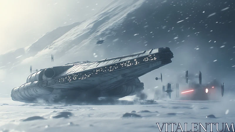 Snowy starship chase races across a stormy frozen frontier
