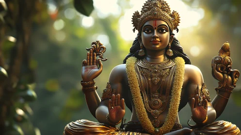 Photorealistic Hindu deity statue in forest bokeh backlight