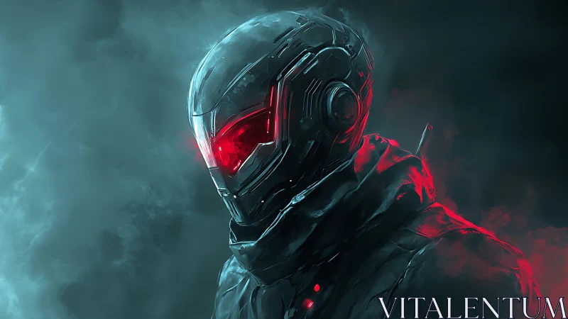 Luminous red-eyed cyber warrior emerges from glowing smoke