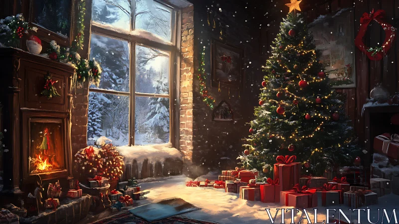 Snow-dusted hearth glows beside gift-crowded Christmas tree.