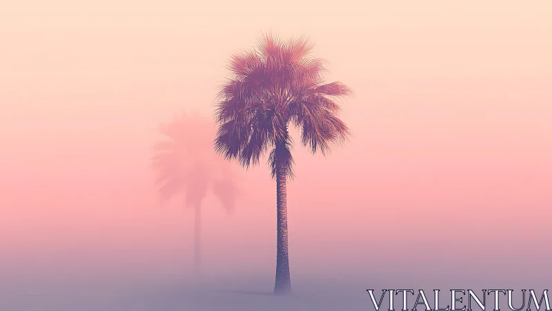 Soft sunrise palm tree stands calmly in dreamy coastal haze