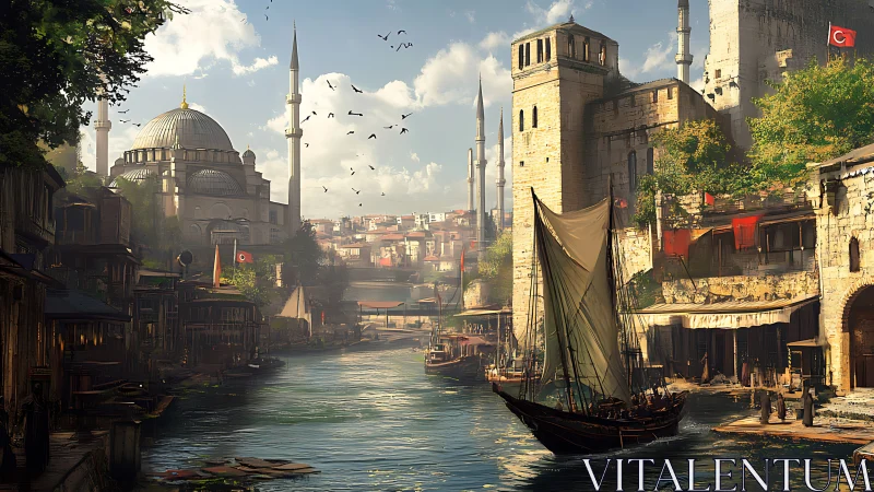 Sunlit Ottoman harbor dream with domes, sails and markets.
