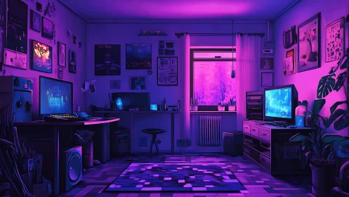 Purple lit gaming workspace in organized digital studio.