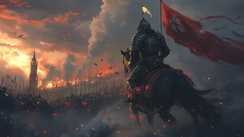 Armored horseman surveys burning battlefield at dusk