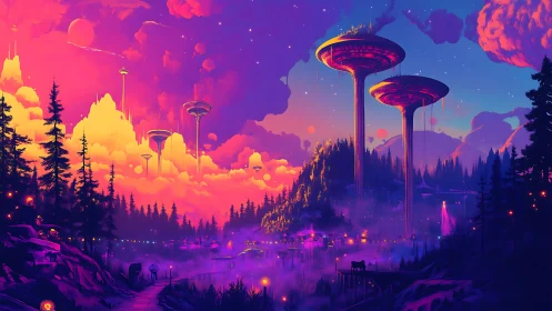 Neon alien forest glows beneath towering sky platforms.