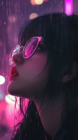 Woman in neon rain with reflective sunglasses at night.